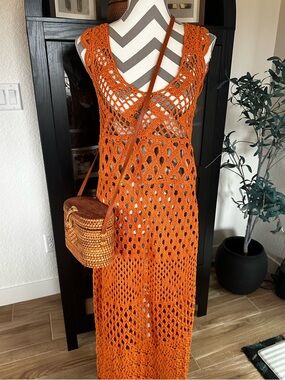 Anthropologie Crochet Maxi Cover Up Dress Women’s Small Coral Sleeveless M